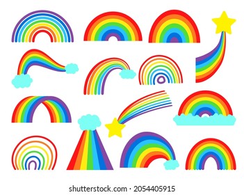 Cartoon rainbow vector collection set. Colourful rainbows, stars and cloud with rainbow colors tail. Hand drawn color arc vector illustration set. Cartoon rainbow doodle, graphic colorful collection.