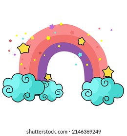 Vector de arco iris de dibujos animados. Arcoíris coloridos, estrellas y nubes con cola de colores arcoiris. Conjunto de ilustraciones vectoriales de arco de color dibujado a mano. Doodle de arcoiris de dibujos animados, colección gráfica de colores.