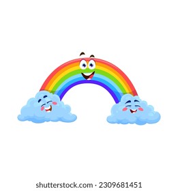 Cartoon rainbow weather character. Isolated vector cheerful, whimsical blue fluffy clouds with smiling faces and colorful arch with vibrant hues and mischievous expression. Children book personages