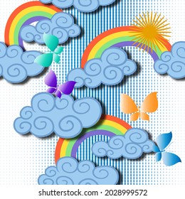 La caricatura arroja un patrón sin fisuras 3d. Cielo, nubes, sol, arco iris y mariposas. Fondo colorido de líneas punteadas a rayas. Repetir el fondo vectorial. Un adorno divertido. Bonito diseño ornamental.