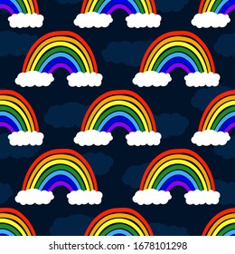 Cartoon rainbows and clouds isolated on dark blue background. Children's bright seamless pattern. Vector graphic hand illustration. Texture.