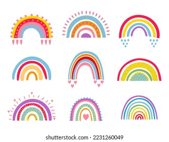 Cartoon rainbows with heart, rain drops for kids. Cute bright colorful arch elements isolated vector set for childish or nursery design. Magical or dream stickers collection of different shapes