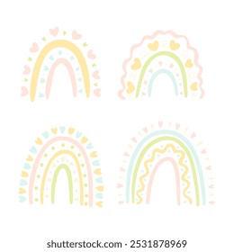 Cartoon-Regenbogen mit Herzen, in Pastellfarben, einzeln auf weißem Hintergrund. Nette helle bunte Bogenelemente einzelne Vektorgrafik-Set für Baby- oder Kinderdesign. Regenbogenförmige Sammlung