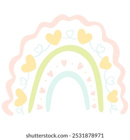 Cartoon rainbows with hearts, in pastel colors, isolated on a white background. Cute bright colorful arch elements isolated vector set for baby or kids design. Rainbow shaped collection