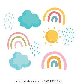 dibujos animados arcoíris nubes solares cielo lluvia iconos vectores ilustración