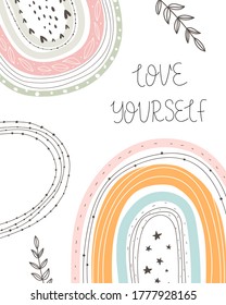 cartoon rainbows, twigs, hand drawing lettering. Colorful vector illustration, flat style. design for design for cards, print, posters, logo, cover