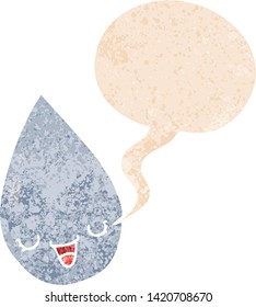 cartoon raindrop with speech bubble in grunge distressed retro textured style