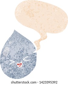 gotas de lluvia de dibujos animados con burbuja de habla en un estilo retro grunge angustiado