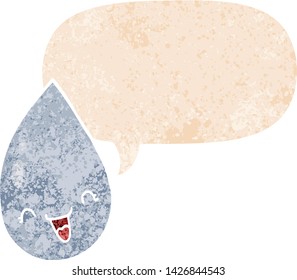 cartoon raindrop with speech bubble in grunge distressed retro textured style