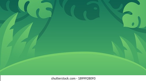 Cartoon rainforest background. Jungle plants and leaves, green tropical forest. Vector design for horizontal banner.