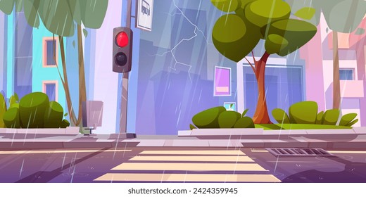 Cartoon rainy city street landscape with sidewalk and traffic light near road with crosswalk. Wet rain weather with thunder and lightning in town. Vector urban scenery with pedestrian pathway.