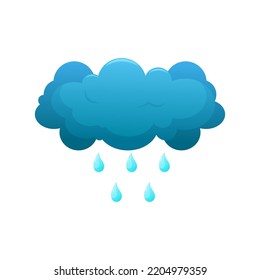 Cartoon rainy dark blue cloud with drops. Weather icon for kids, web.
