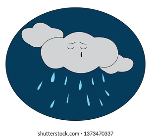Cartoon of a rainy night with a grey-colored cloud among the other clouds dismayed while raining vector color drawing or illustration 