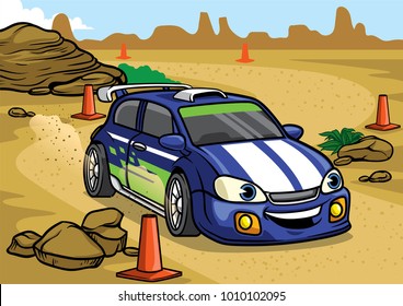 cartoon rally car drive in the desert