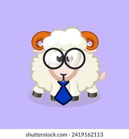 A cartoon ram with glasses and a tie. Cute sheep in vector