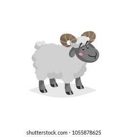 Cartoon ram with horns. Wooly cute male farm animal stay. Vector trendy design illustration isolated on white background.