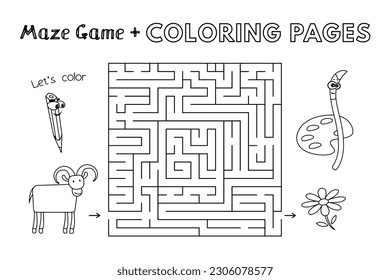 Juego de laberinto de caricatura. Páginas de libros de coloración de vectores para niños