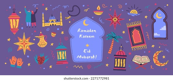 Cartoon Ramadan Kareem Concept Color Different Elements Set Flat Design Style Include of Crescent Moon and Lantern Fanoos. Vector illustration