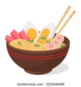 Cartoon ramen bowl. Japanese noodle soup, traditional tasty broth with noodles and eggs flat vector illustration white background