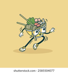 A cartoon ramen bowl with legs and glasses runs energetically across a pale yellow background.