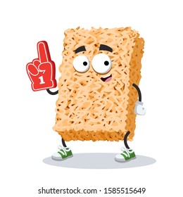 cartoon ramen instant noodles character mascot with the number 1 one sports fan hand glove on a white background