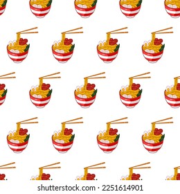 cartoon ramen, japanese food seamless pattern on colorful background