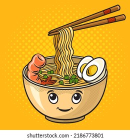 Cartoon ramen Japanese noodle dish pop art retro vector illustration. Comic book style imitation.