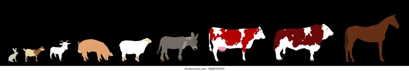 Cartoon ranch farm animals collection vector illustration isolated on black background. Domestic cattle symbol cloven hoof animals farming. Cow, bull, horse, sheep, goat, pig, donkey, rabbit.