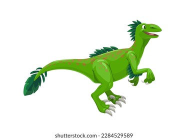 Cartoon raptor dinosaur character. Isolated vector velociraptor dino with feathers and green skin. Genus of small dromaeosaurid carnivorous reptile that lived in asia during the late Cretaceous Period