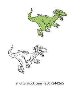cartoon raptor drawing with line art style. simple design outline style. coloring and black. hand drawn. dino vector illustrations
