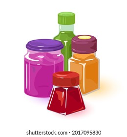 Cartoon raspberry, apricot, apple, red currant jams from summer farm harvest. Vector fresh products preserved in container for winter. Idea of organic food and jelly isolated on white background