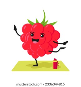 Cartoon raspberry berry character doing yoga or fitness workouts, standing in yogi asana on mat. Amusing vector organic food personage promote healthy living, wellness and sport activities in gym