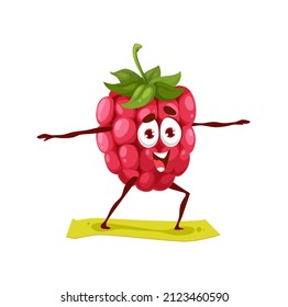 Cartoon raspberry berry character in yoga pose. Vector funny smiling personage stand on mat with outspread arms. Zen, wellness, meditation class, health and mind balance, comic fruit yogi practice