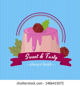 Cartoon Raspberry Cream Cake Bakery Shop Emblem with Red Ribbon Sweet and Tasty Lettering on Striped Blue Backdrop. Always Fresh Pastry Product Announcement. Vector Illustration with Flat Leaves Decor