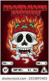 Cartoon Raspberry Fruit on Skull Head Smoking And Burning Fire Backgrounds. For Product Packaging Cover. Vectors Illustrations