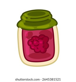 Filme de animação Raspberry Jam Jar Illustration. Ilustração em estilo cartoon de um frasco de vidro com geleia de framboesa e tampa verde, isolado no fundo branco. Design de comida plana com detalhes de frutos vermelhos brilhantes.