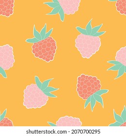 Cartoon raspberry seamless pattern. Cute fruit repeat background. Vector illustration of raspberries in retro style. Vintage design for office, textiles, packaging.