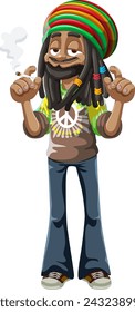 Cartoon of a Rastafarian man exuding peace and happiness.