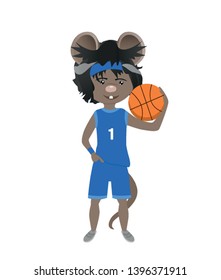 Cartoon rat in basketball uniform with a ball. Year of the rat. Chinese horoscope. Cute mouse.	