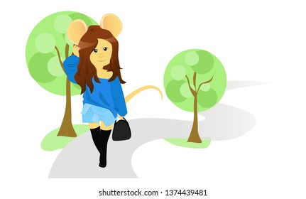 Cartoon rat in a blue sweater and walks in the park. Year of the rat. Chinese horoscope. Beauty mouse. 