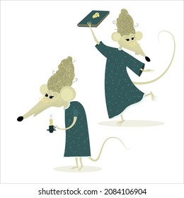 Rata de caricatura con vector de libros y velas