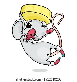 Cartoon rat catches a puck of delicious cheese. Game concept. Vector 