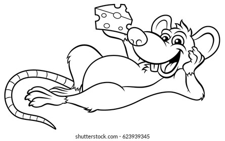 Cartoon Rat and Cheese Line Art