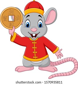 Cartoon rat in chinese traditional costume holding gold coin. Chinese translation : Happy chinese new year