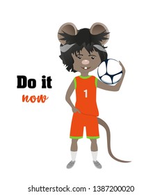 Cartoon rat in football uniform with a ball. Do it now. Year of the rat. Chinese horoscope. Cute mouse.