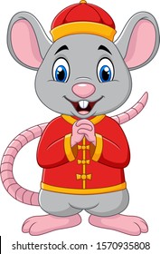 Cartoon rat greeting Gong Xi Gong Xi with Chinese traditional costume. Chinese New Year. Year of the rat