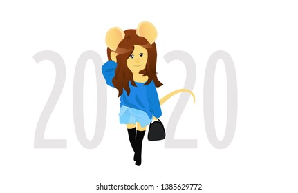 Cartoon rat with a handbag. Year of the rat. Chinese horoscope. Beauty mouse. 2020