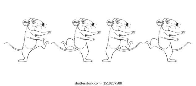 Cartoon rat image sketch. holiday. jumping. dance. set.