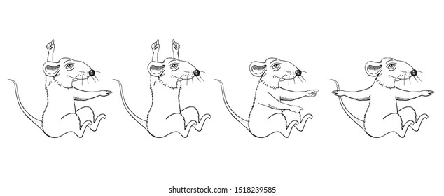 Cartoon rat image sketch. Krysv sits. Hand movement. Set.