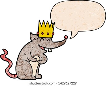 cartoon rat king laughing with speech bubble in retro texture style